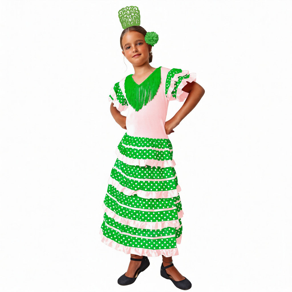 Disfraz Flamenca Niña Vestido Sevillana con Lunares y Accesorios - Traje de Gitana | Carnaval, Ferias y Fiestas