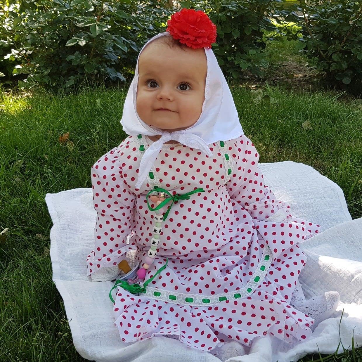 Disfraz de Chulapa Madrileña Infantil - Vestido Tradicional San Isidro con Pañuelo y Clavel Rojo - Tallas 0 Meses a 12 Años