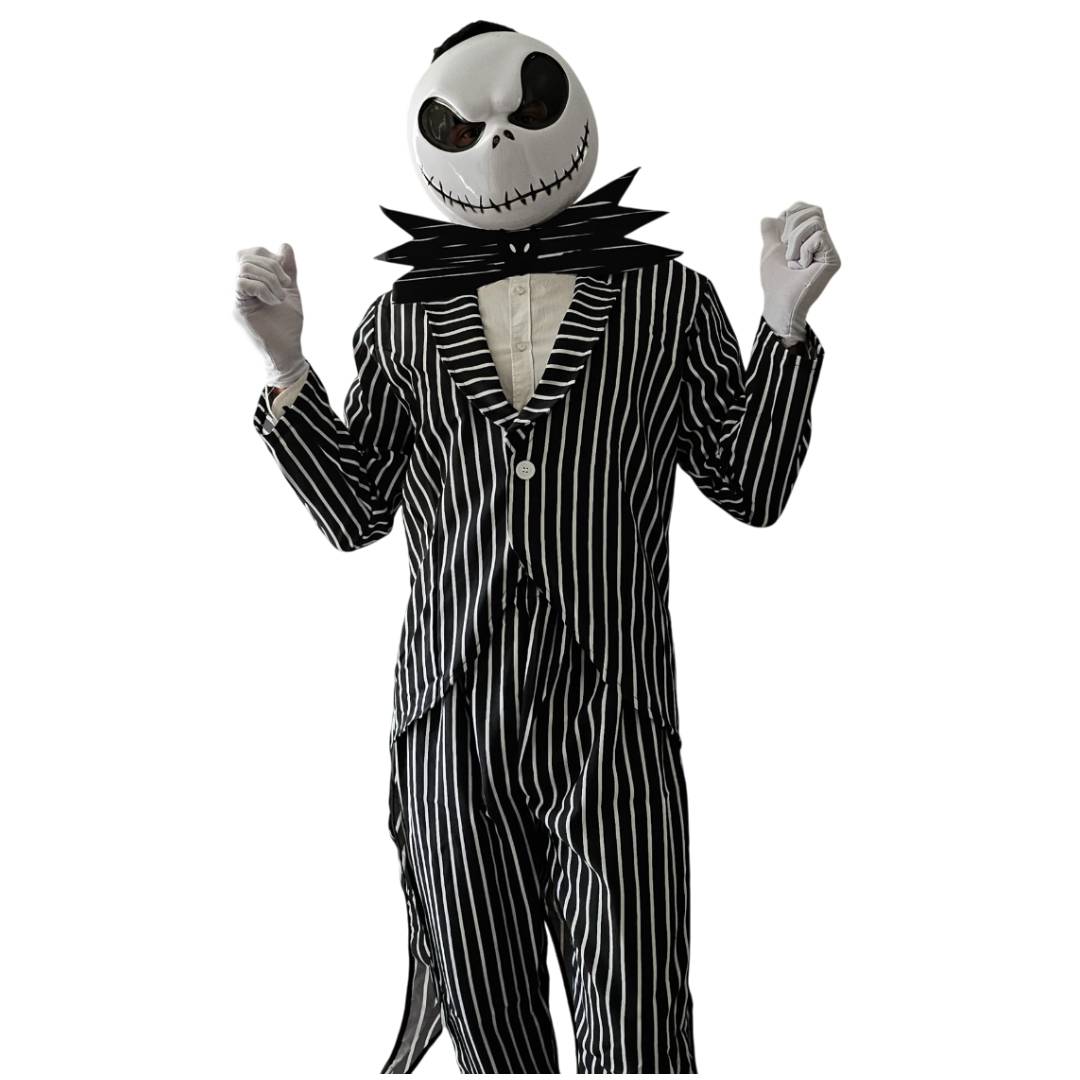 Disfraz de Esqueleto Elegante para Adulto - Traje de Rayas de Fantasma de Navidad con Máscara, Chaqueta y Pajarita de Murciélago - Kit Completo de Terror para Hombre - Tallas M, L, XL