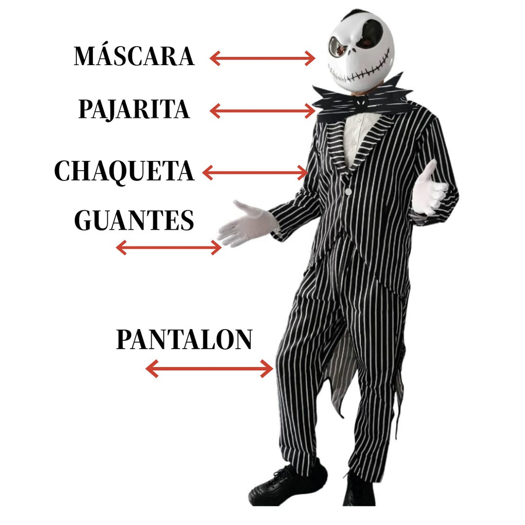 Disfraz de Esqueleto Elegante para Adulto - Traje de Rayas de Fantasma de Navidad con Máscara, Chaqueta y Pajarita de Murciélago - Kit Completo de Terror para Hombre - Tallas M, L, XL