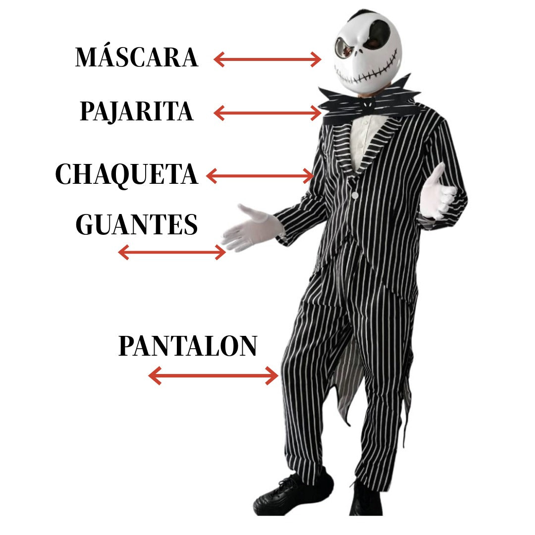 Disfraz de Esqueleto Elegante para Adulto - Traje de Rayas de Fantasma de Navidad con Máscara, Chaqueta y Pajarita de Murciélago - Kit Completo de Terror para Hombre - Tallas M, L, XL