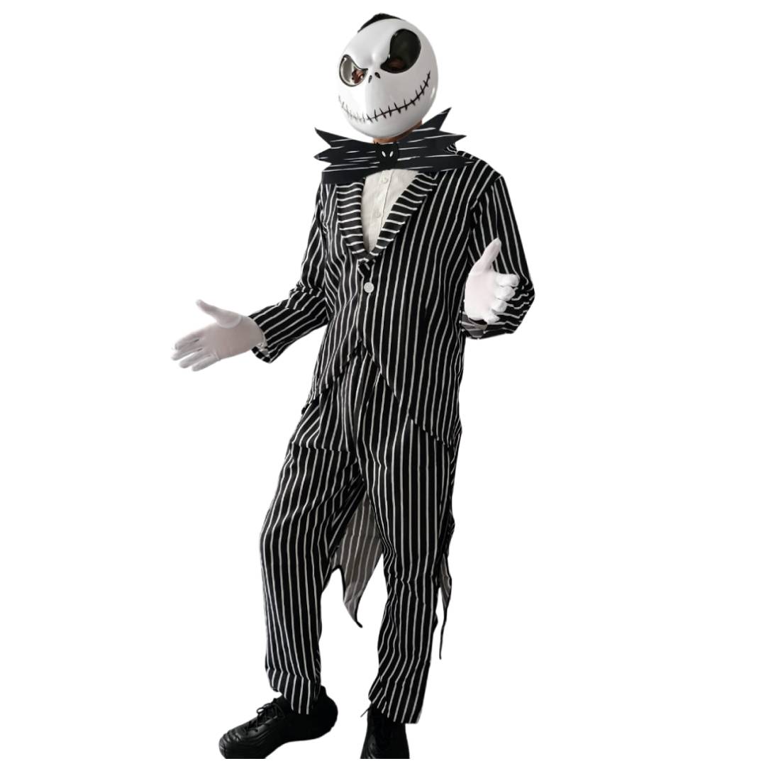 Disfraz de Esqueleto Elegante para Adulto - Traje de Rayas de Fantasma de Navidad con Máscara, Chaqueta y Pajarita de Murciélago - Kit Completo de Terror para Hombre - Tallas M, L, XL