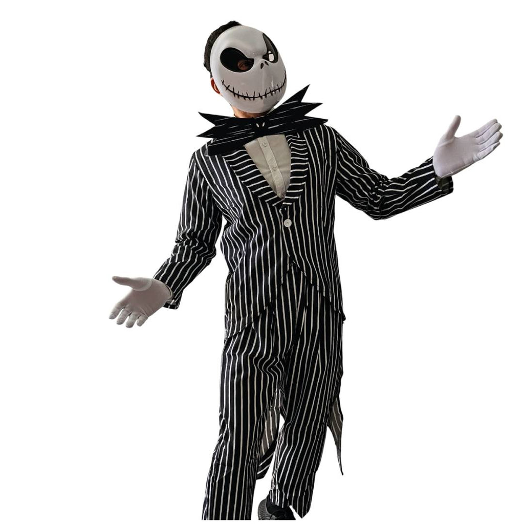 Disfraz de Esqueleto Elegante para Adulto - Traje de Rayas de Fantasma de Navidad con Máscara, Chaqueta y Pajarita de Murciélago - Kit Completo de Terror para Hombre - Tallas M, L, XL