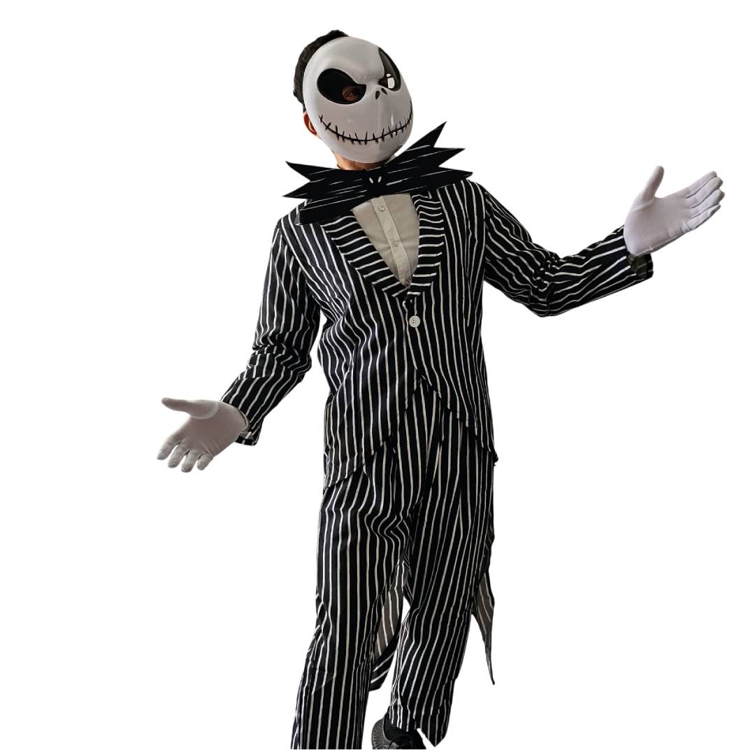 Disfraz de Esqueleto Elegante para Adulto - Traje de Rayas de Fantasma de Navidad con Máscara, Chaqueta y Pajarita de Murciélago - Kit Completo de Terror para Hombre - Tallas M, L, XL