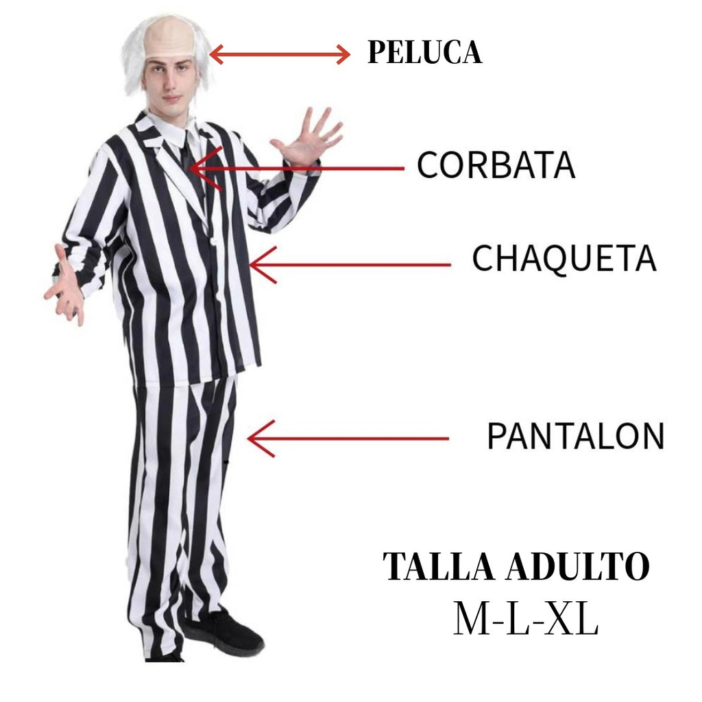 Disfraz de Fantasma a Rayas para Hombre: Traje de Carnaval y Halloween con Peluca, Tallas M-XL, Set Completo 3 Piezas
