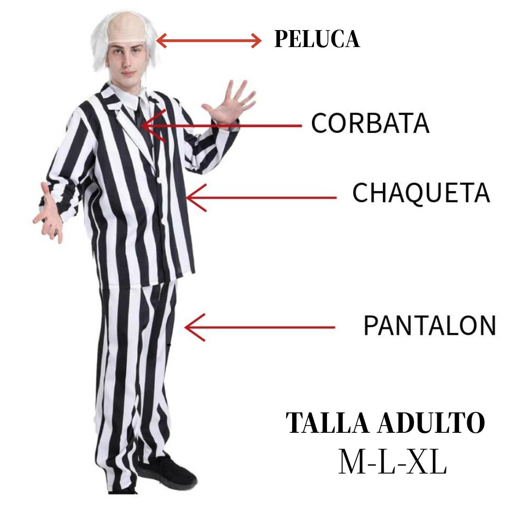 Disfraz de Fantasma a Rayas para Hombre: Traje de Carnaval y Halloween con Peluca, Tallas M-XL, Set Completo 3 Piezas