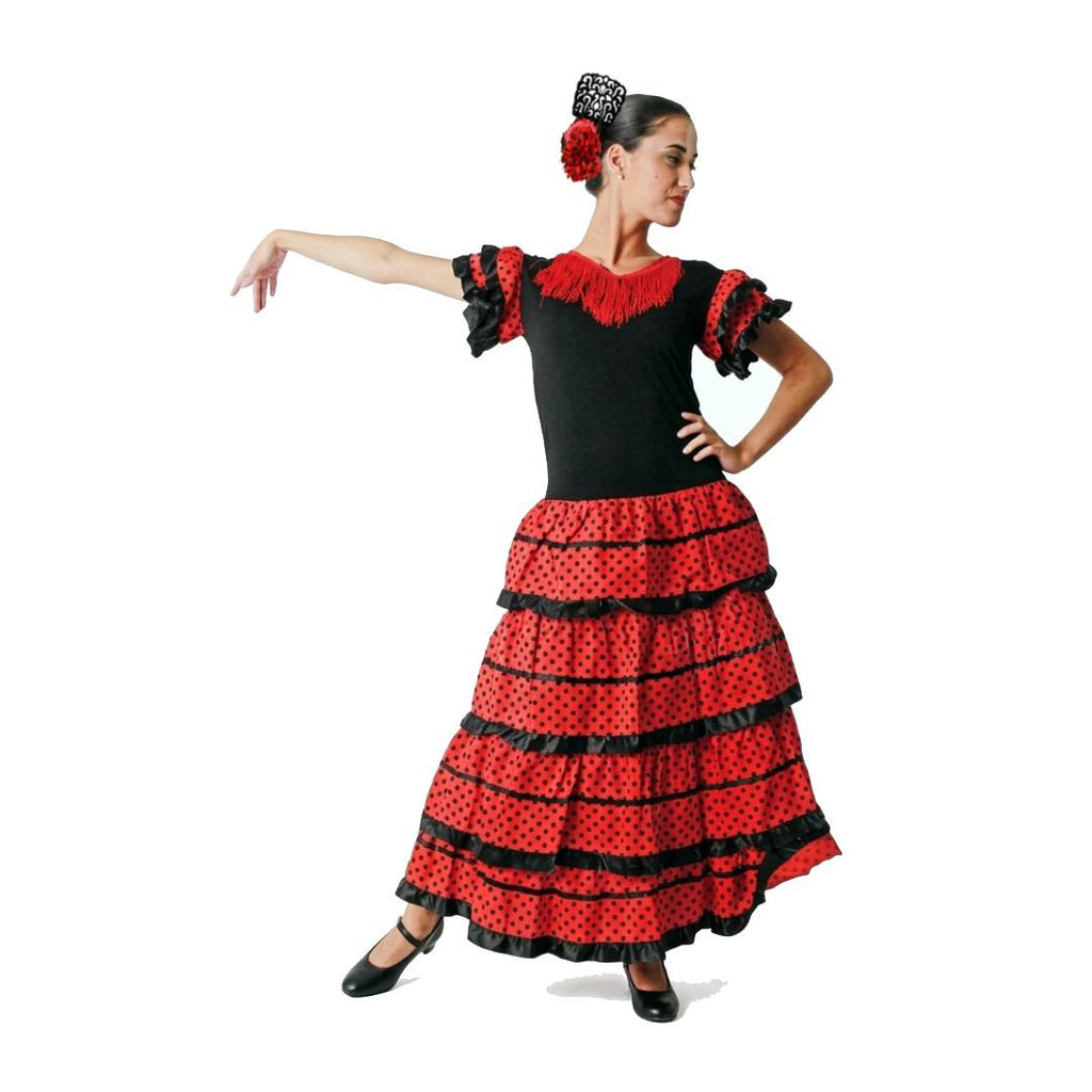 Vestido de Flamenca Profesional para Mujer – Traje de Sevillana Largo con Volantes y Lunares – Disfraz para Carnaval, Ferias y Baile – Incluye Peinetón y Flor