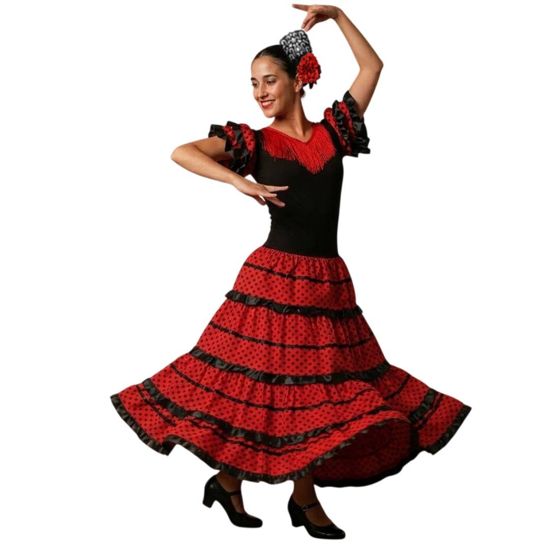 Vestido de Flamenca Profesional para Mujer – Traje de Sevillana Largo con Volantes y Lunares – Disfraz para Carnaval, Ferias y Baile – Incluye Peinetón y Flor