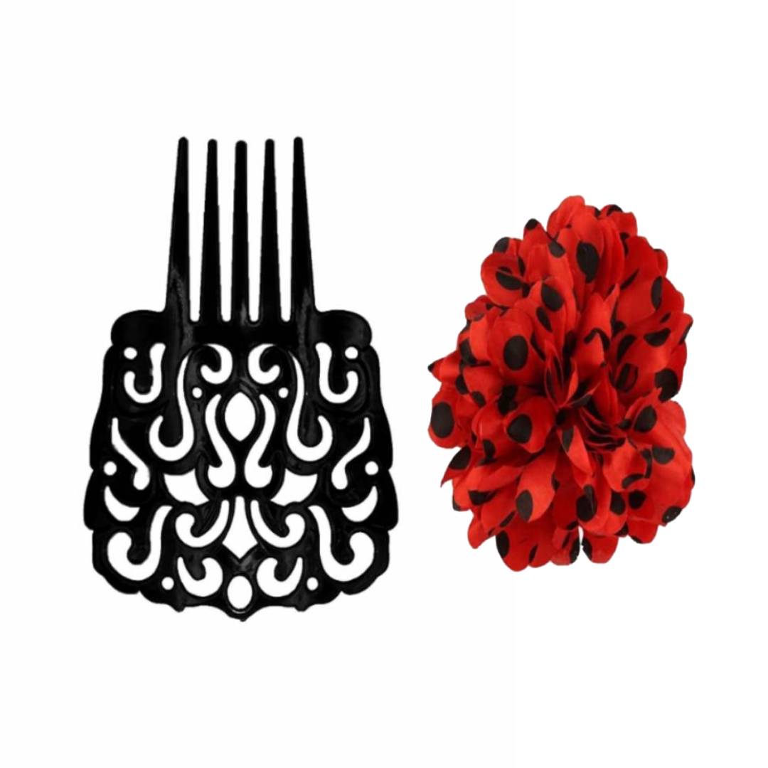 Vestido de Flamenca Profesional para Mujer – Traje de Sevillana Largo con Volantes y Lunares – Disfraz para Carnaval, Ferias y Baile – Incluye Peinetón y Flor