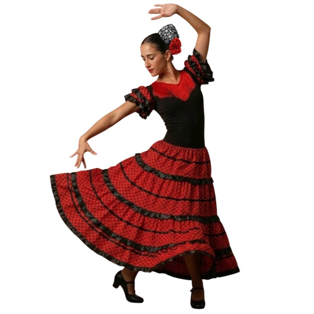 Vestido de Flamenca Profesional para Mujer – Traje de Sevillana Largo con Volantes y Lunares – Disfraz para Carnaval, Ferias y Baile – Incluye Peinetón y Flor