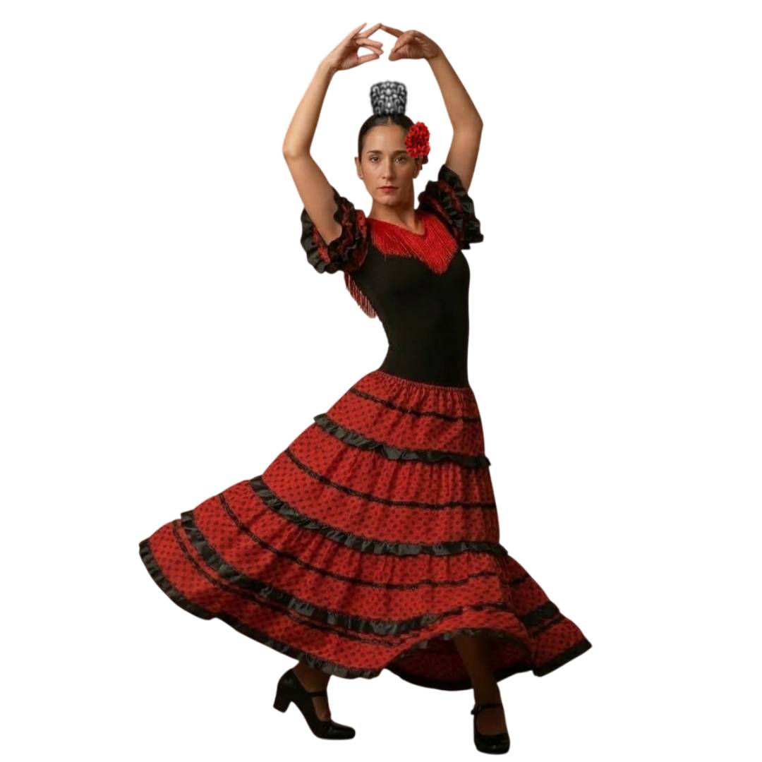 Vestido de Flamenca Profesional para Mujer – Traje de Sevillana Largo con Volantes y Lunares – Disfraz para Carnaval, Ferias y Baile – Incluye Peinetón y Flor