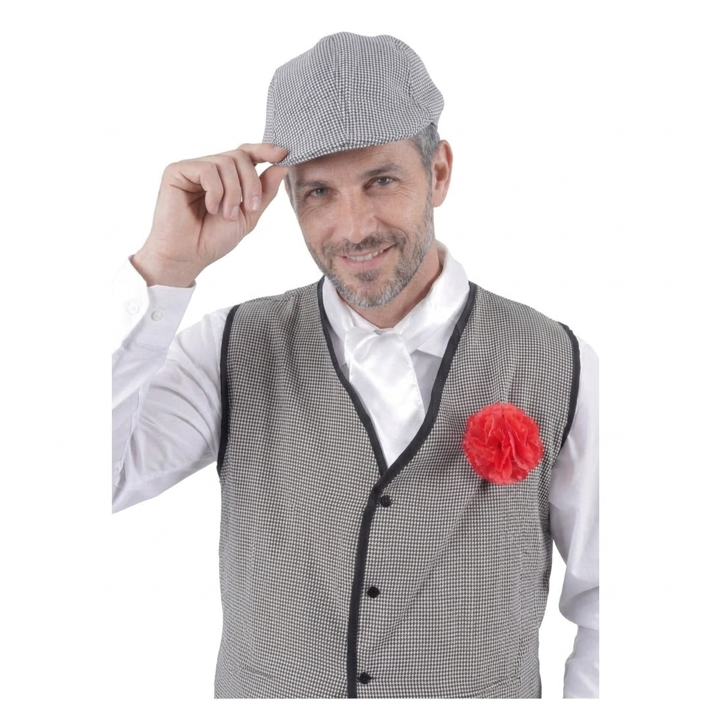 Disfraz de Chulapo Madrid Hombre Adulto 4 Piezas - Chaleco, Gorra Parpusa, Pañuelo y Clavel Rojo - San Isidro y Carnaval