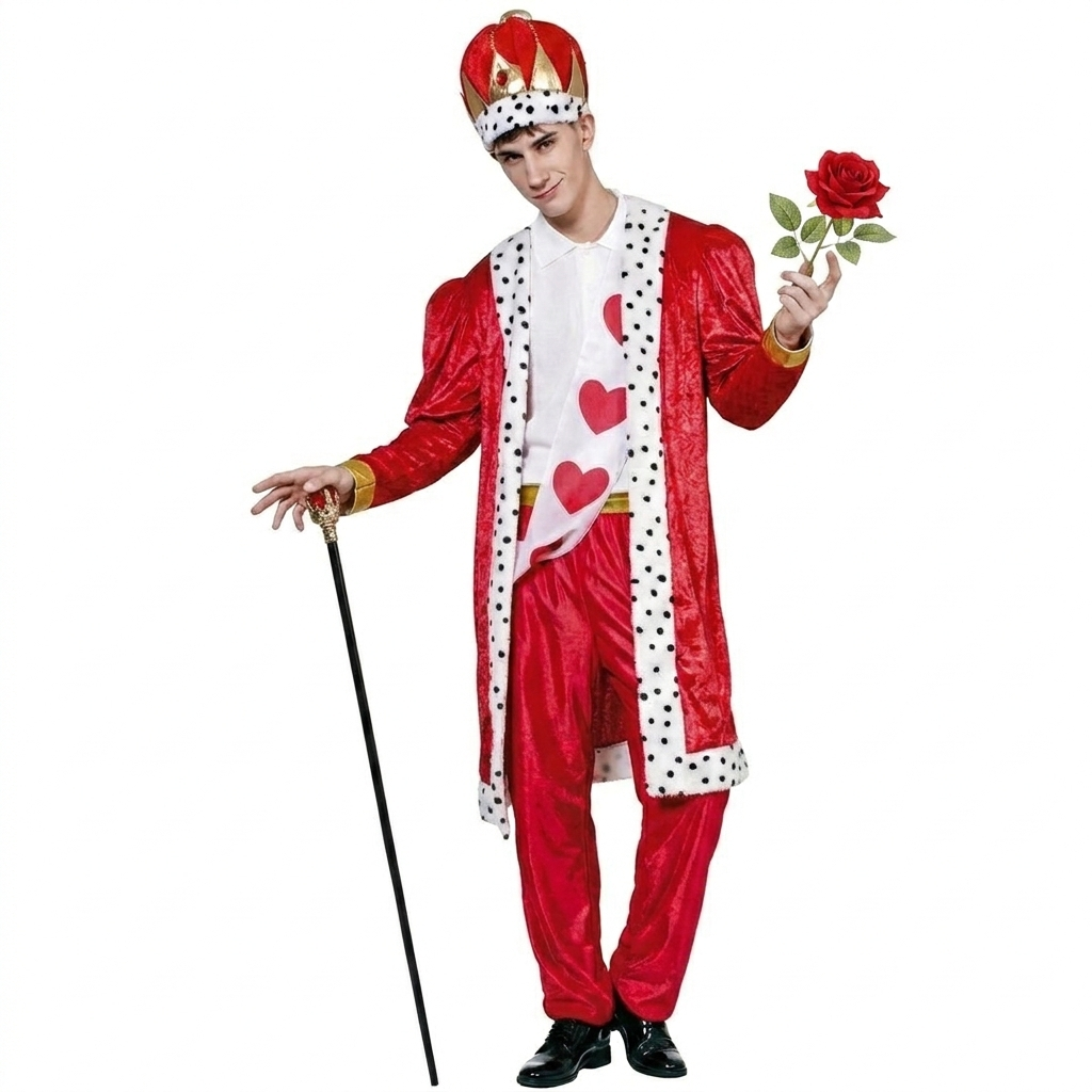 Disfraz de Rey de Corazones Adulto - Chaqueta Roja, Gorro con Corona, Bastón, Bandana y Pantalón - Talla Única Carnaval, Halloween y Fiestas Temáticas