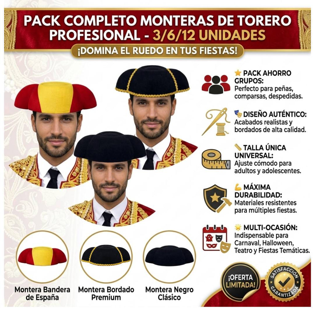 Montera de Torero para Disfraz Adulto - Sombrero Español para Carnaval, Halloween y Fiestas Temáticas