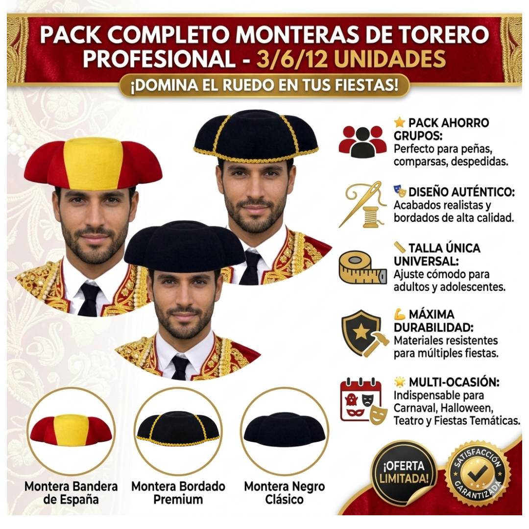 Montera de Torero para Disfraz Adulto - Sombrero Español para Carnaval, Halloween y Fiestas Temáticas