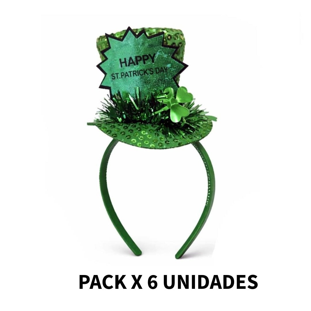 Pack 6 Diademas San Patricio con Mini Sombrero de Copa Brillante | Lote Accesorios St. Patrick's Day Fiesta Temática y Disfraces | Talla Única Adulto y Niño | Sombrero Verde con Trébol y Lentejuelas