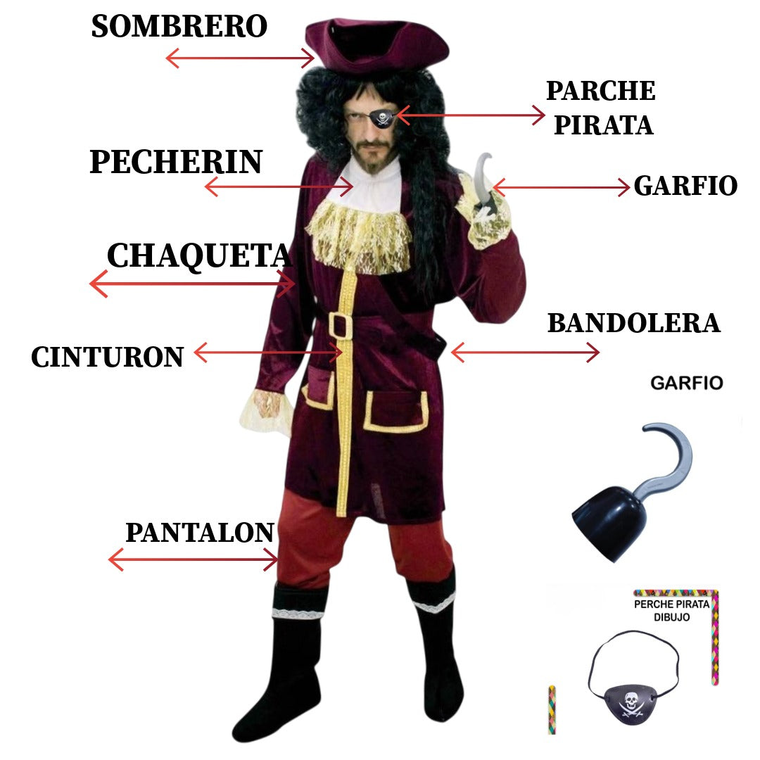 Disfraz de Capitán Garfio para Hombre | Traje Pirata de Lujo para Carnaval y Fiesta Halloween | Talla M,L,XL