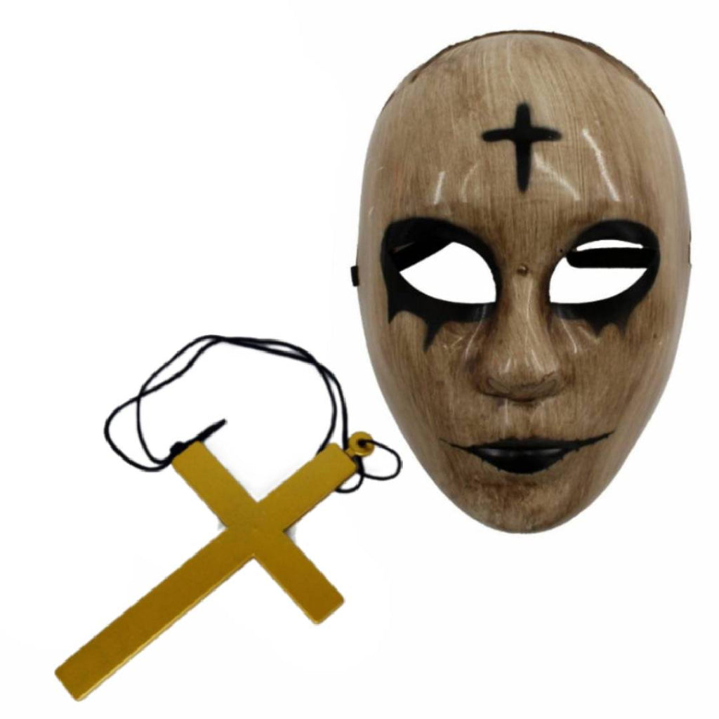 Disfraz de La purga Hombre, Monje Medieval, Religión | Túnica Negra con Capucha, Cruz dorada y Máscara para Fiesta Halloween, Carnaval y eventos de cosplay