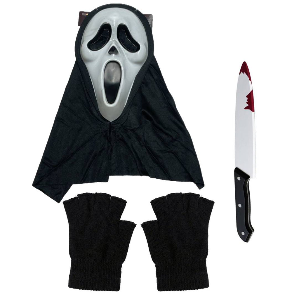 Pack Disfraz Terror Slasher - Máscara con Capucha, Guantes y Cuchillo Sangriento Falso - Talla Única Adulto y Niño - Kit Completo para Halloween, Carnaval y Fiestas Temáticas