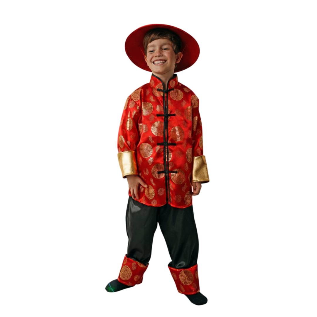 Disfraz de Guerrero Oriental para Niño - Conjunto Completo de 3 Piezas (Camisa, Pantalón y Sombrero) - Ideal para Carnaval, Halloween y Fiestas Temáticas - Rojo y Dorado Satinado
