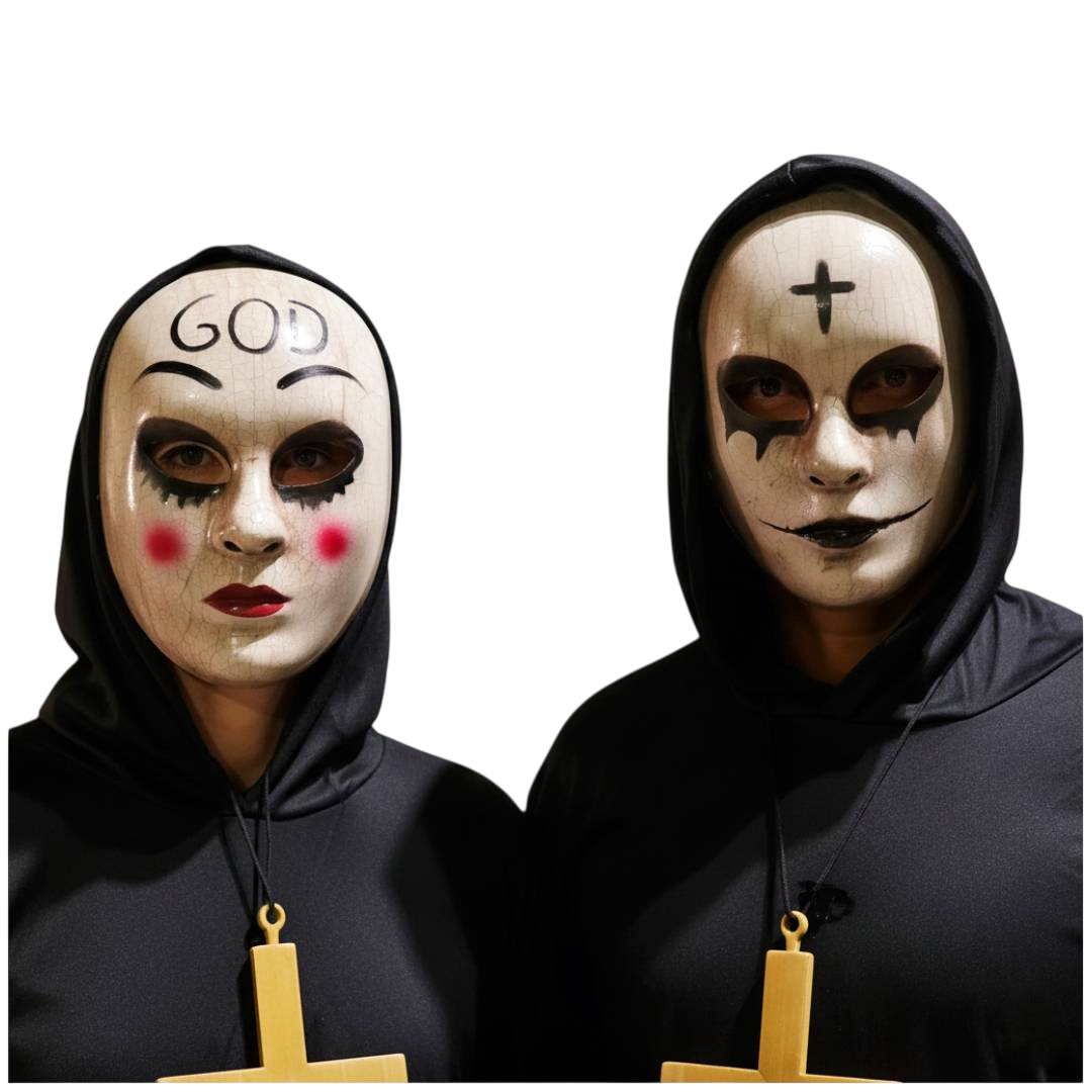 Disfraz de la Purga Parejas Supervivencia Urbana Monje Hombre y Mujer | Túnica Negra con capucha, Cruz, Máscara Halloween, Carnaval