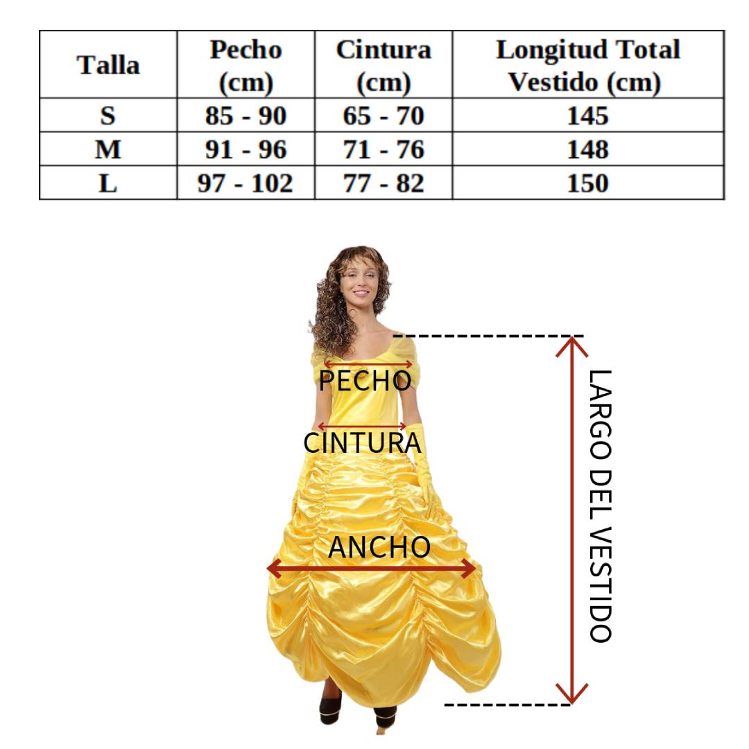 Disfraz Princesa Amarilla Cuento Hadas para Mujer - Vestido de Gala Amarillo Satinado con Guantes, Estilo Clásico de Época para Carnaval, Fiestas Temáticas y Cosplay - Tallas S, M, L