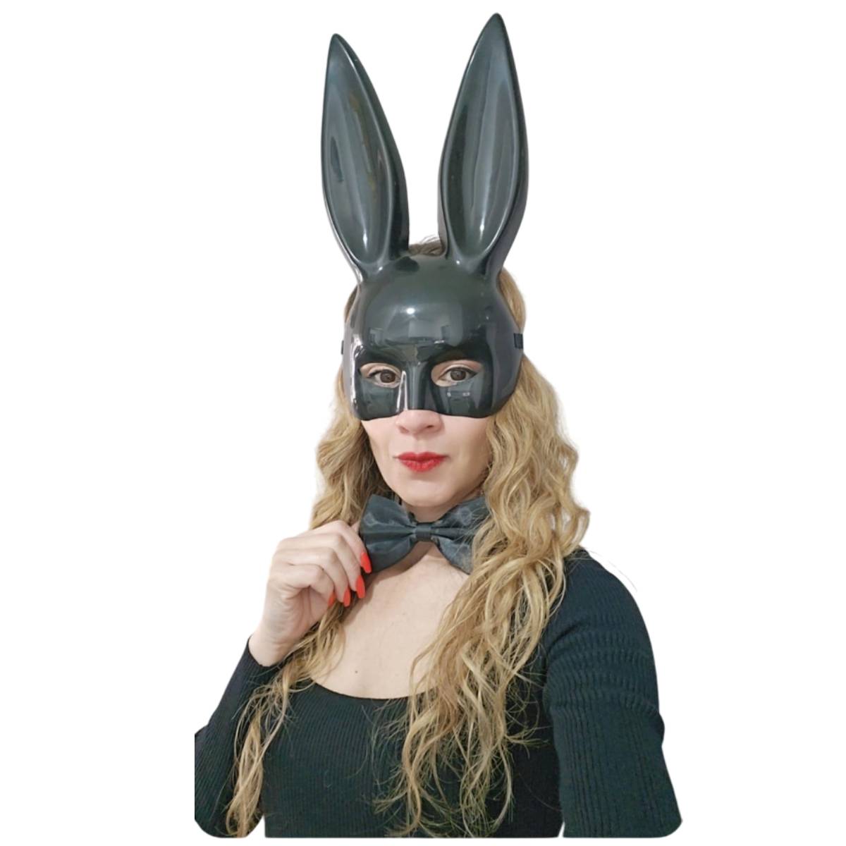 Disfraz de Coneja Elegante para Mujer - Vestido Largo Negro, Máscara de Orejas y Pajarita - Ideal para Halloween, Carnaval y Fiestas Temáticas - Tallas S y M