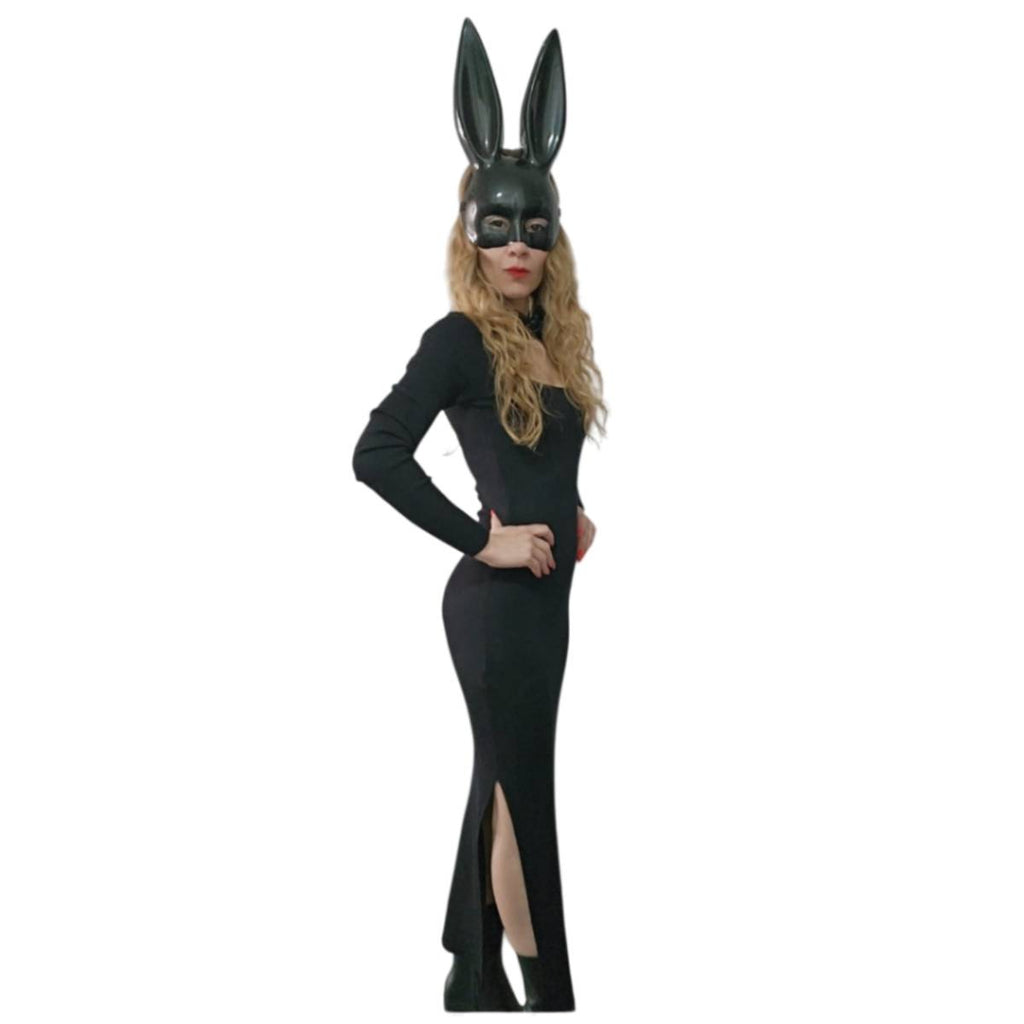 Disfraz de Coneja Elegante para Mujer - Vestido Largo Negro, Máscara de Orejas y Pajarita - Ideal para Halloween, Carnaval y Fiestas Temáticas - Tallas S y M