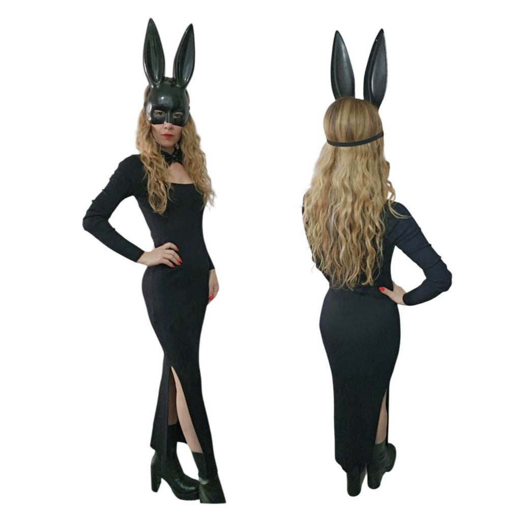 Disfraz de Coneja Elegante para Mujer - Vestido Largo Negro, Máscara de Orejas y Pajarita - Ideal para Halloween, Carnaval y Fiestas Temáticas - Tallas S y M