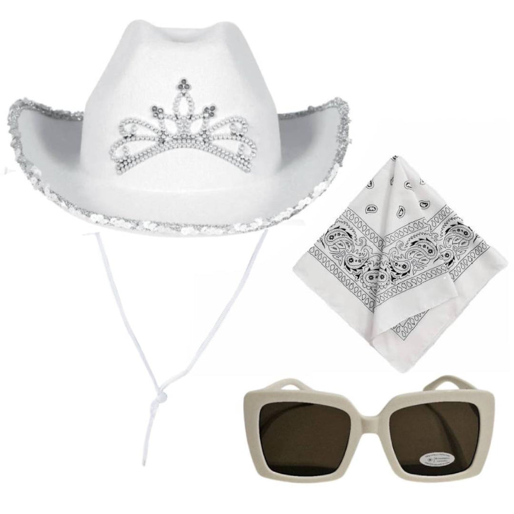 Pack Disfraz Vaquera Blanca Mujer 3 Piezas - Sombrero Cowboy con Tiara y lentejuelas, Pañuelo Bandana Western y Gafas de Sol UV - Set Completo para Carnaval, Despedidas de Soltera y Fiestas Temáticas - Talla Única.