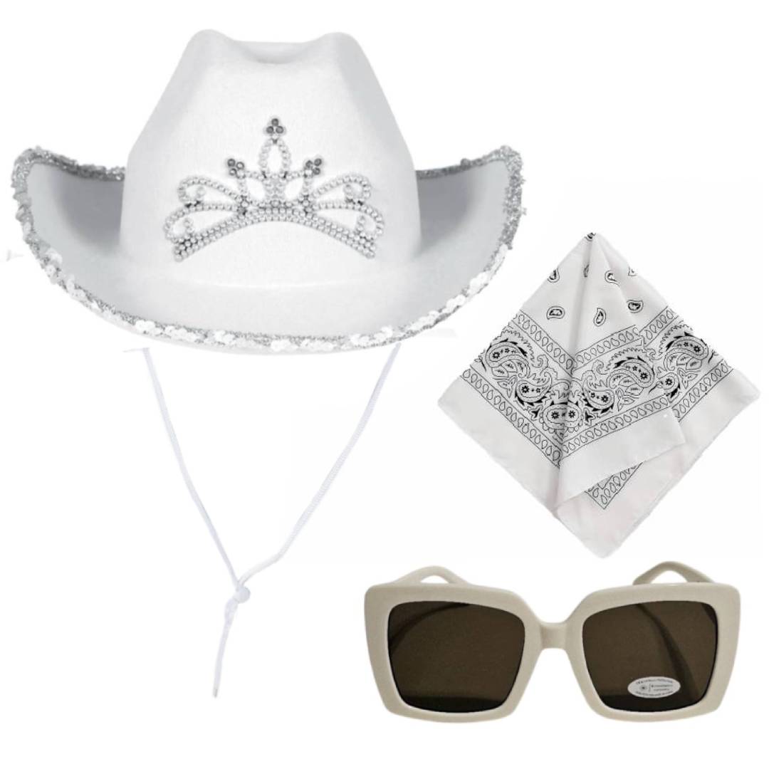 Pack Disfraz Vaquera Blanca Mujer 3 Piezas - Sombrero Cowboy con Tiara y lentejuelas, Pañuelo Bandana Western y Gafas de Sol UV - Set Completo para Carnaval, Despedidas de Soltera y Fiestas Temáticas - Talla Única.