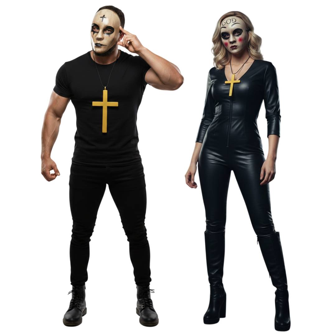 Mascara de la purga Hombre Mujer | Supervivencia Urbana Villanos | Máscara cruz y dios con cruz dorada para parejas Eventos, Fiesta Halloween, Carnaval