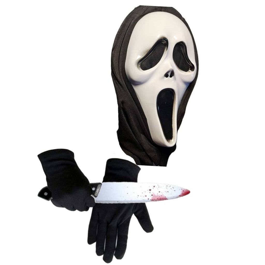 Disfraz de Fantasma del Terror para Niños - Incluye Túnica con Capucha, Máscara de Grito, Guantes y Cuchillo de Juguete - Kit Completo de Villano para Halloween, Carnaval y Fiestas Temáticas (Tallas 3-12 Años)