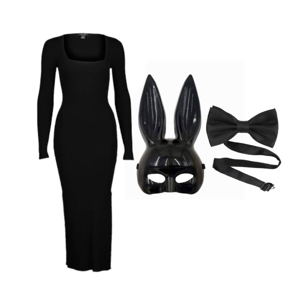 Disfraz de Coneja Elegante para Mujer - Vestido Largo Negro, Máscara de Orejas y Pajarita - Ideal para Halloween, Carnaval y Fiestas Temáticas - Tallas S y M