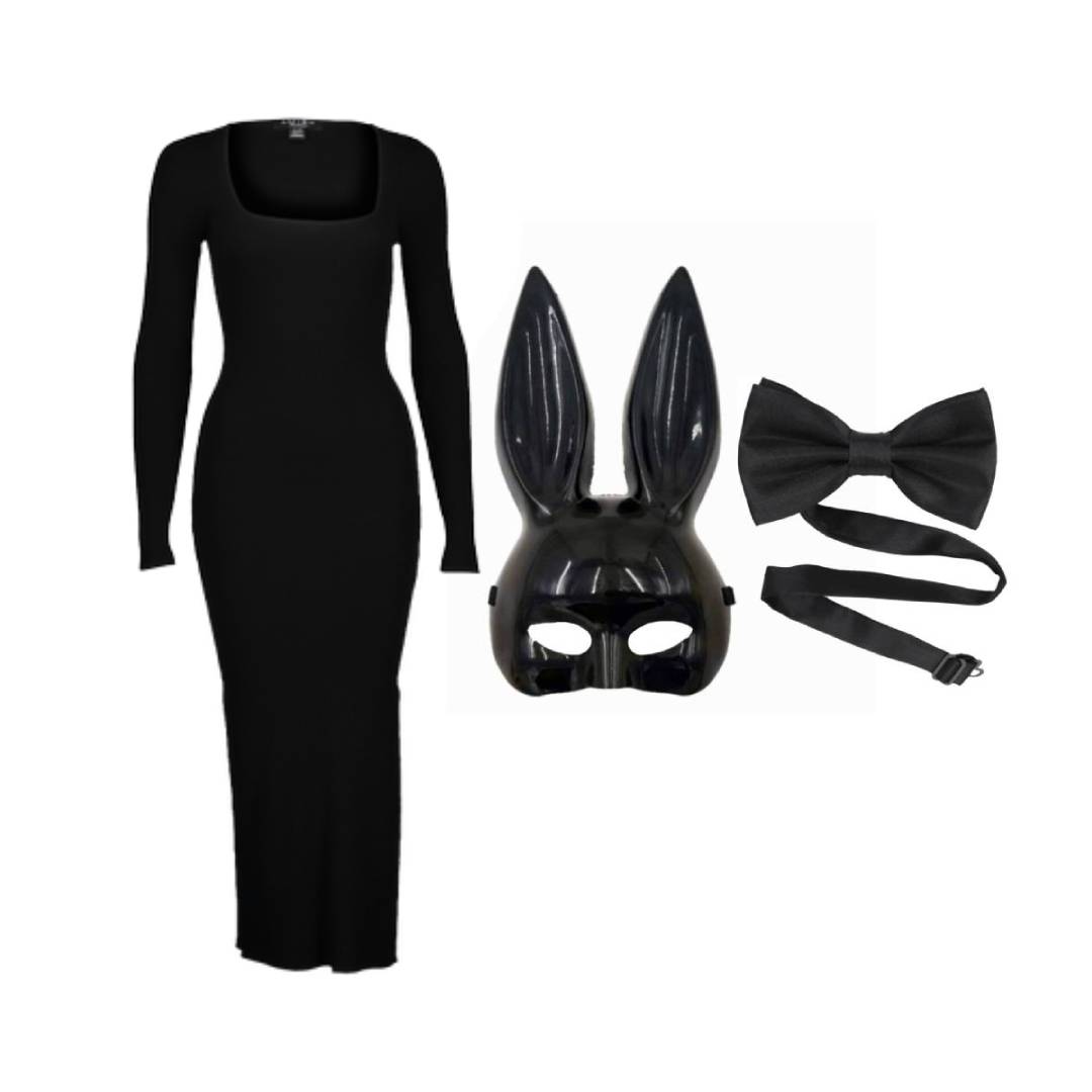 Disfraz de Coneja Elegante para Mujer - Vestido Largo Negro, Máscara de Orejas y Pajarita - Ideal para Halloween, Carnaval y Fiestas Temáticas - Tallas S y M
