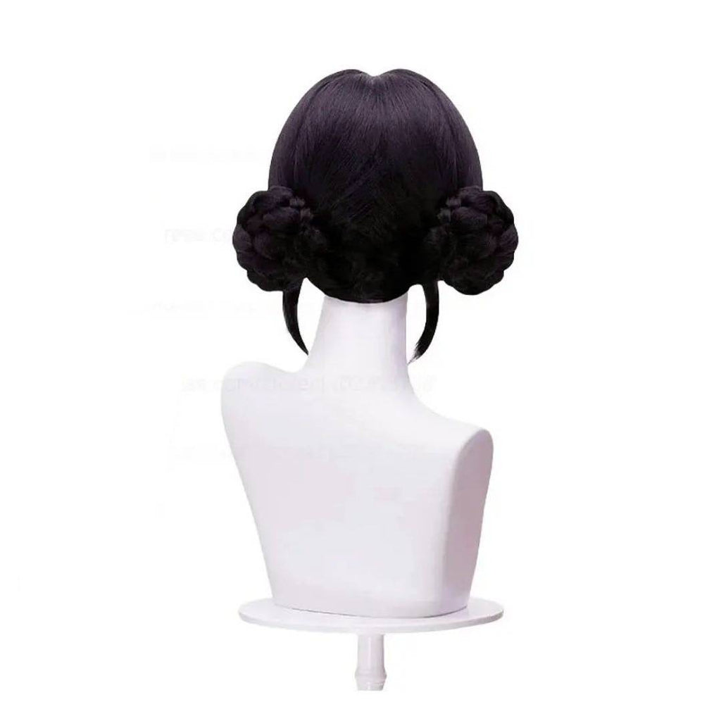 Peluca Negra K-pop con Moños Laterales Mujer - Cosplay Anime | Flequillo Recto para Disfraz