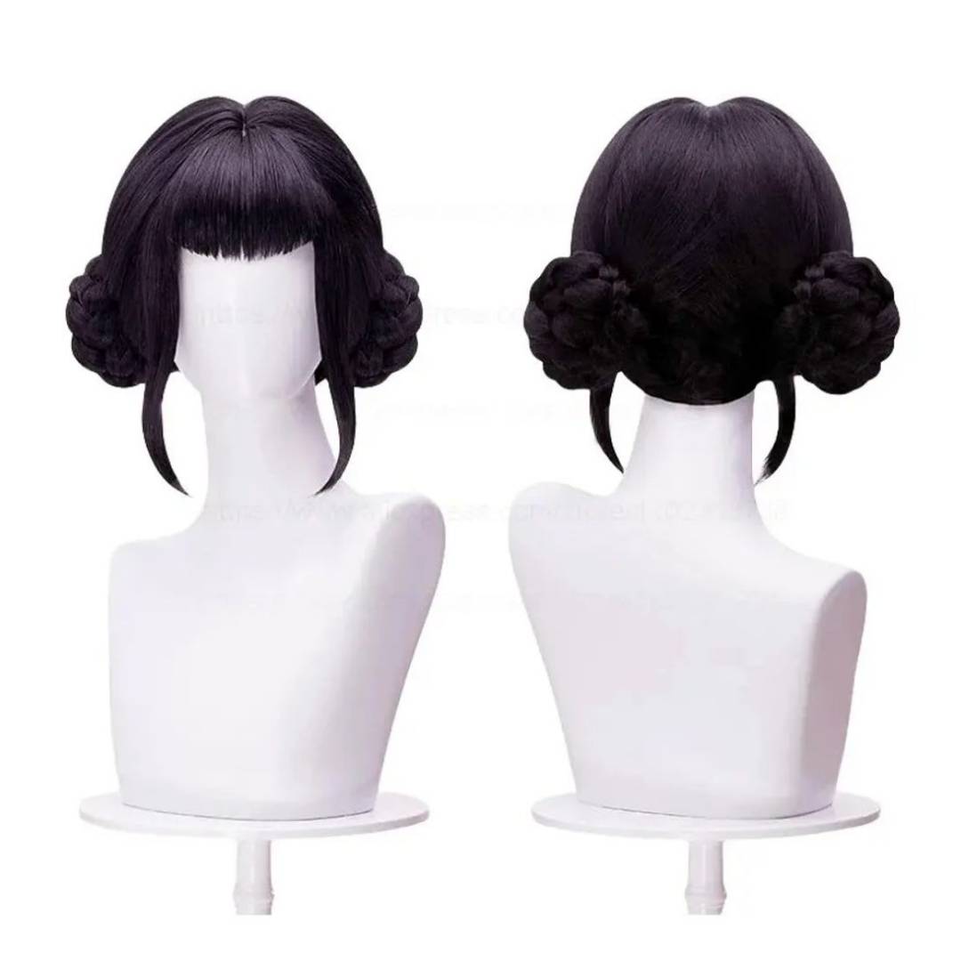 Peluca Negra K-pop con Moños Laterales - Cosplay Anime | Flequillo Recto para Disfraz niñas