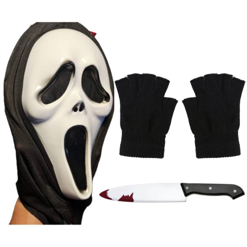 Pack Disfraz Terror Slasher - Máscara con Capucha, Guantes y Cuchillo Sangriento Falso - Talla Única Adulto y Niño - Kit Completo para Halloween, Carnaval y Fiestas Temáticas