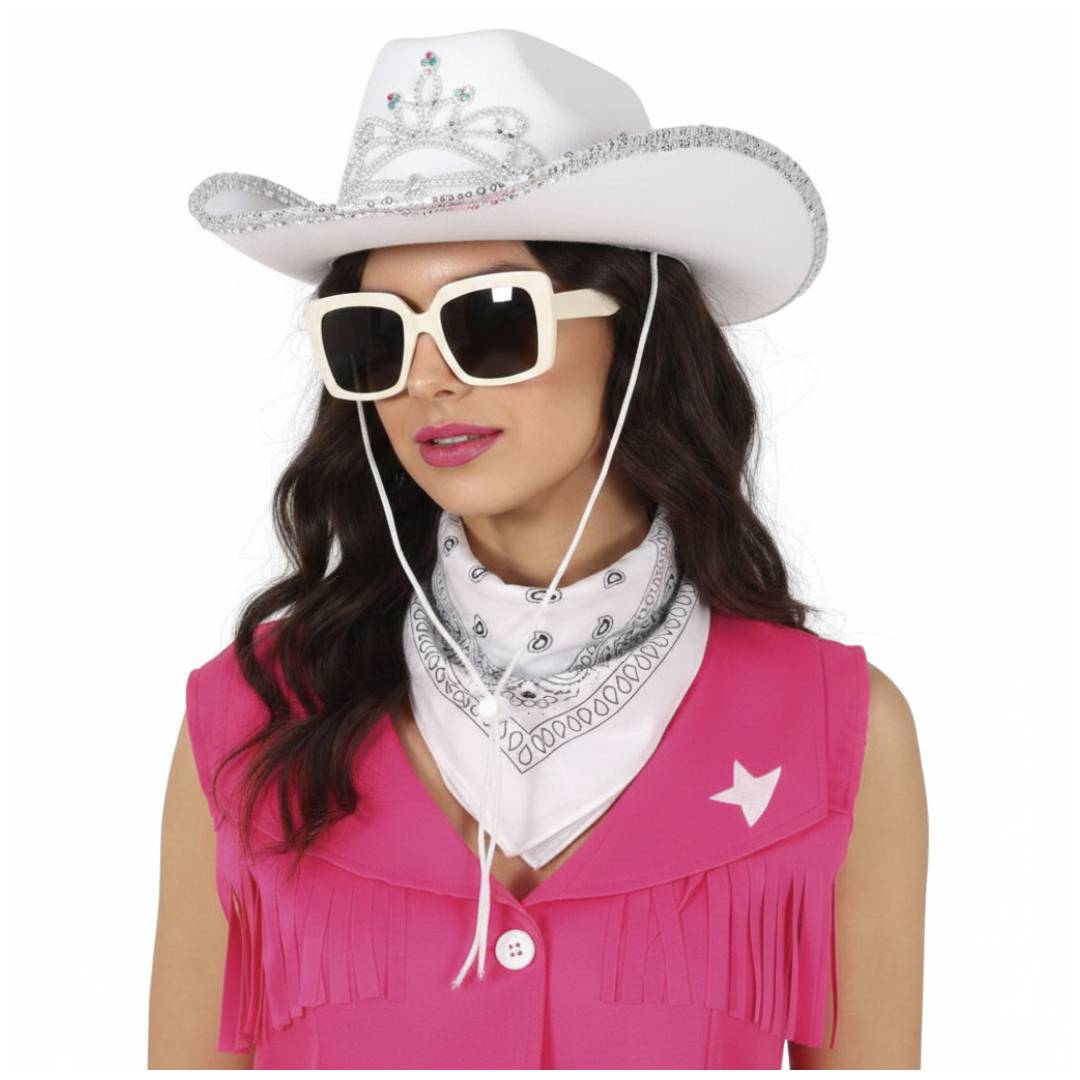 Pack Disfraz Vaquera Blanca Mujer 3 Piezas - Sombrero Cowboy con Tiara y lentejuelas, Pañuelo Bandana Western y Gafas de Sol UV - Set Completo para Carnaval, Despedidas de Soltera y Fiestas Temáticas - Talla Única.
