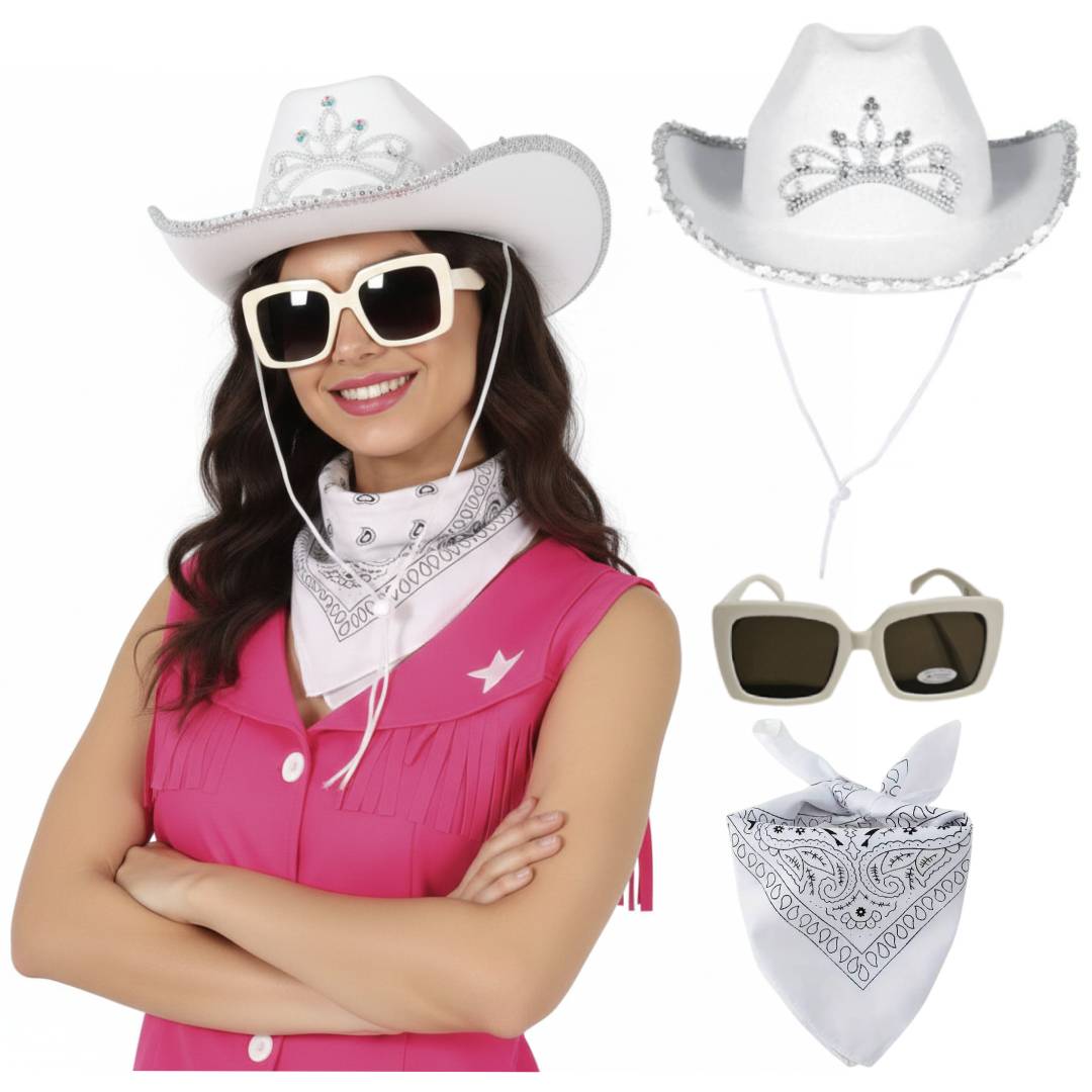 Pack Disfraz Vaquera Blanca Mujer 3 Piezas - Sombrero Cowboy con Tiara y lentejuelas, Pañuelo Bandana Western y Gafas de Sol UV - Set Completo para Carnaval, Despedidas de Soltera y Fiestas Temáticas - Talla Única.