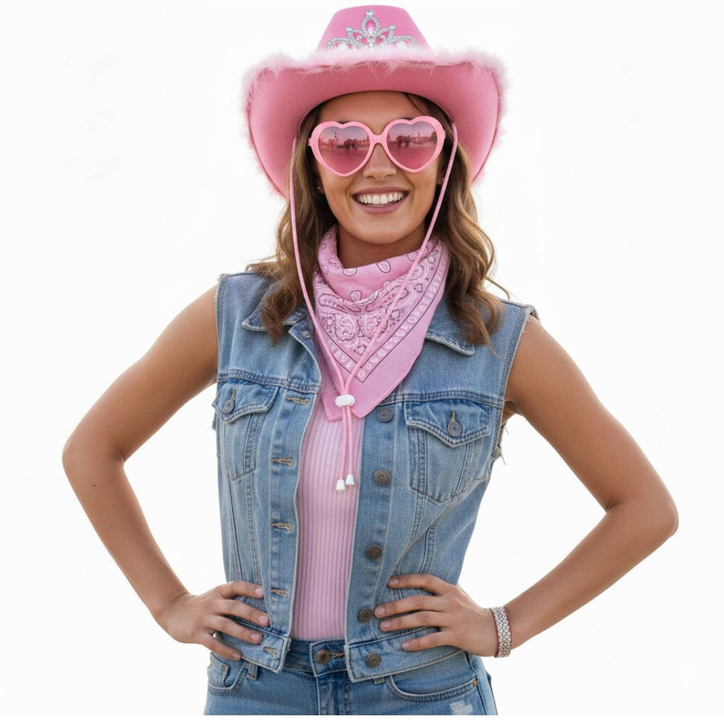 Pack 3 Piezas Disfraz Vaquera Rosa Mujer - Sombrero Cowgirl de Lujo, Pañuelo Western y Gafas de Corazón - Ideal para Carnaval, Festivales, Despedidas y Halloween - Talla Única.