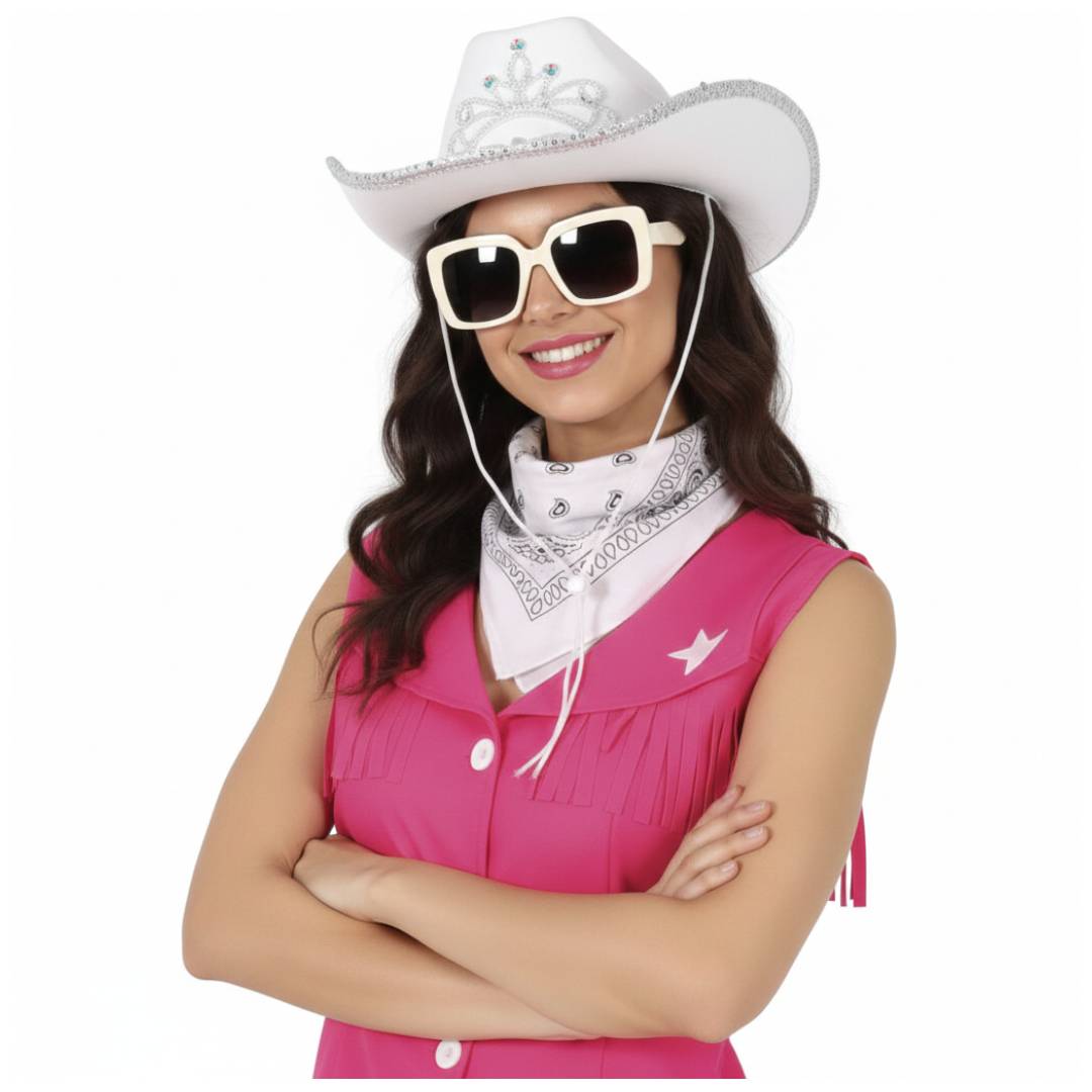Pack Disfraz Vaquera Blanca Mujer 3 Piezas - Sombrero Cowboy con Tiara y lentejuelas, Pañuelo Bandana Western y Gafas de Sol UV - Set Completo para Carnaval, Despedidas de Soltera y Fiestas Temáticas - Talla Única.