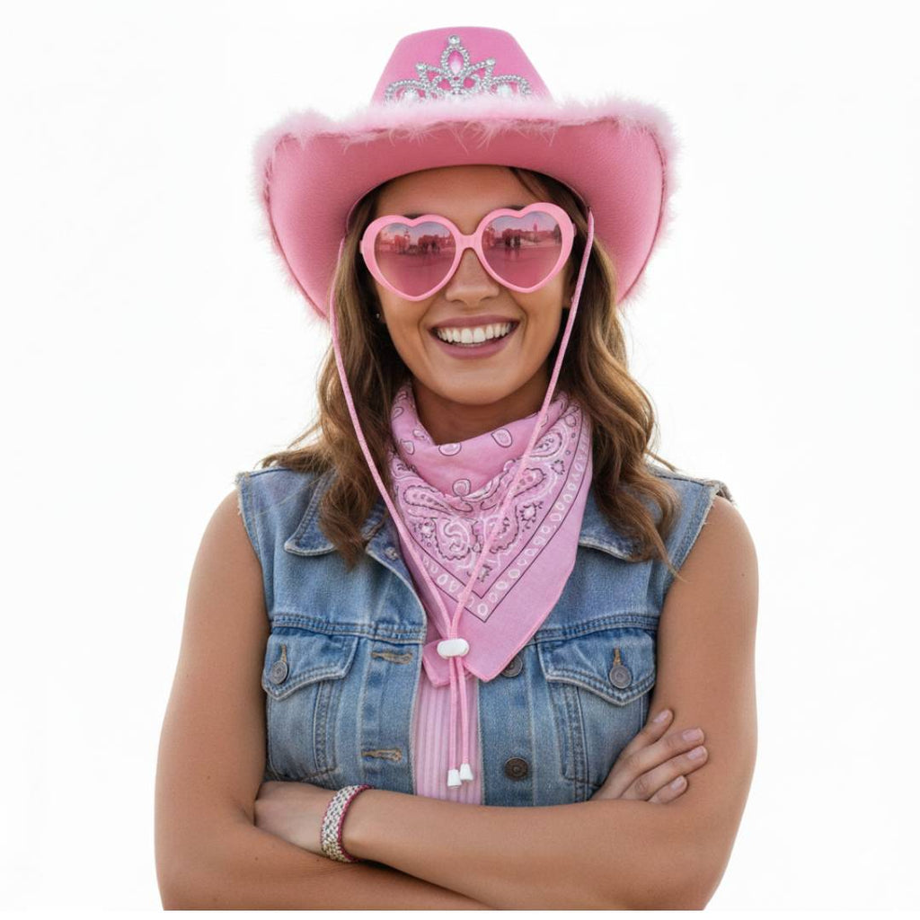 Pack 3 Piezas Disfraz Vaquera Rosa Mujer - Sombrero Cowgirl de Lujo, Pañuelo Western y Gafas de Corazón - Ideal para Carnaval, Festivales, Despedidas y Halloween - Talla Única.