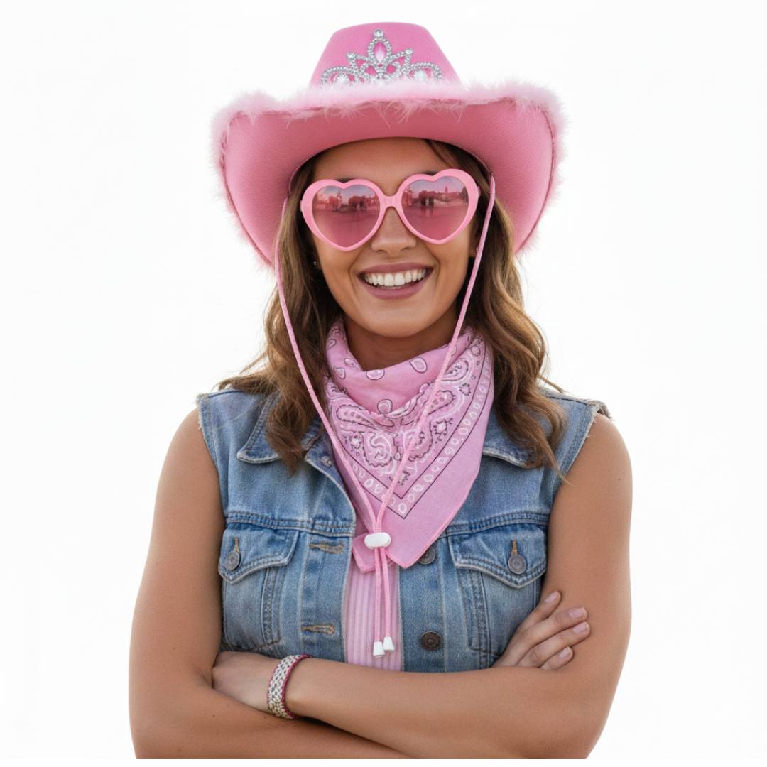 Pack 3 Piezas Disfraz Vaquera Rosa Mujer - Sombrero Cowgirl de Lujo, Pañuelo Western y Gafas de Corazón - Ideal para Carnaval, Festivales, Despedidas y Halloween - Talla Única.
