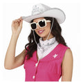 Pack Disfraz Vaquera Blanca Mujer 3 Piezas - Sombrero Cowboy con Tiara y lentejuelas, Pañuelo Bandana Western y Gafas de Sol UV - Set Completo para Carnaval, Despedidas de Soltera y Fiestas Temáticas - Talla Única.
