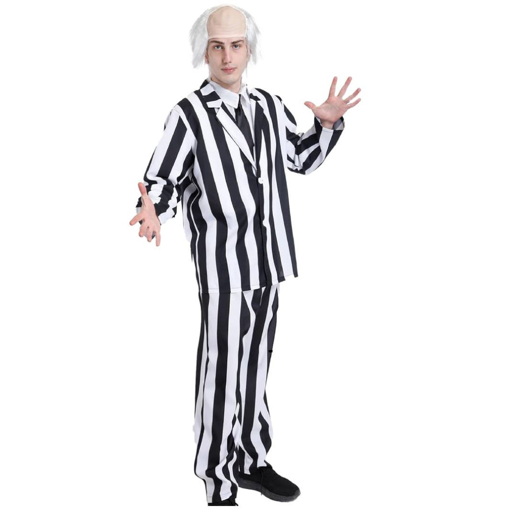 Disfraz de Fantasma a Rayas para Hombre: Traje de Carnaval y Halloween con Peluca, Tallas M-XL, Set Completo 3 Piezas