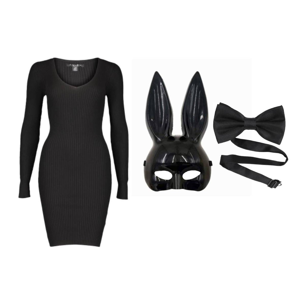 Disfraz Coneja Sexy Mujer - Vestido Negro para la Noche, Máscara y Pajarita - Show Baile, Halloween y Carnaval