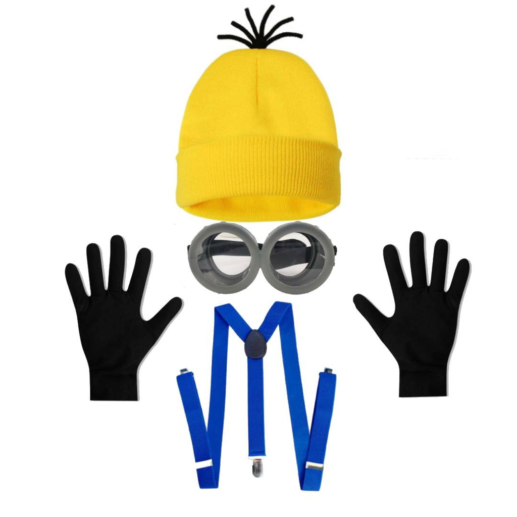 Kit Accesorios Disfraz Amarillo Adulto: Gorro, Gafas, Tirantes y Guantes - Set 4 Piezas para Carnaval y Halloween