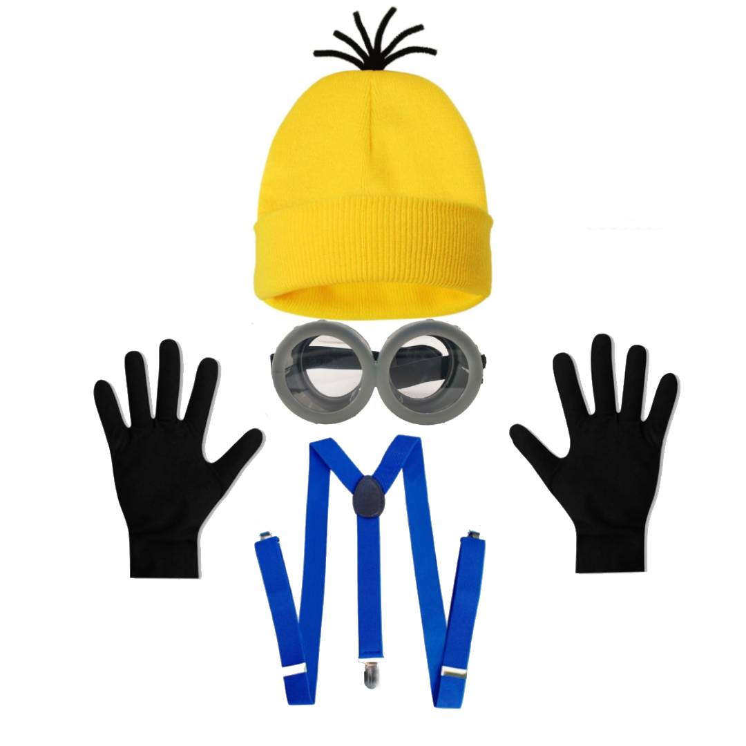 Kit Accesorios Disfraz Amarillo Adulto: Gorro, Gafas, Tirantes y Guantes - Set 4 Piezas para Carnaval y Halloween