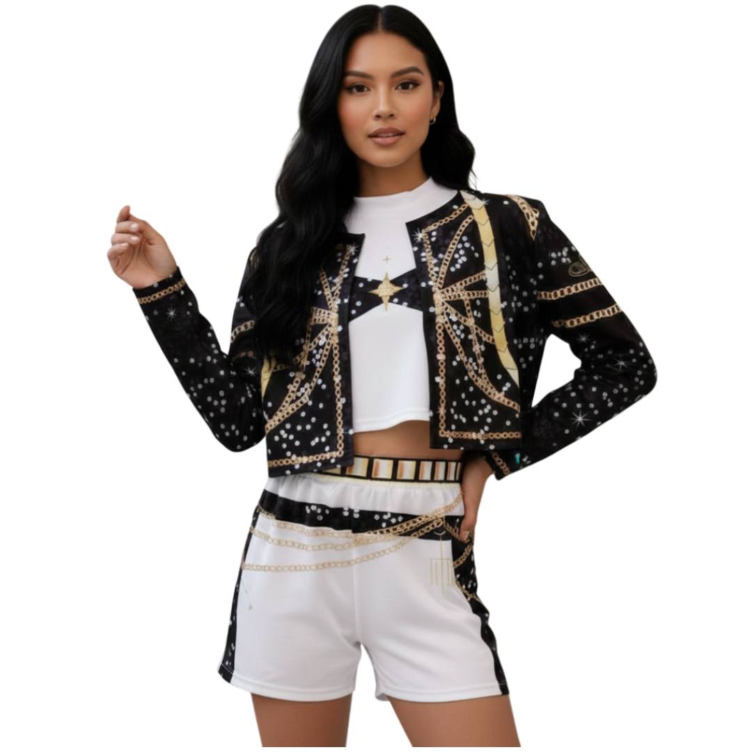 Disfraz de Estrella Pop para Mujer Conjunto 3 Piezas Chaqueta Brillante Top y Pantalón Corto Talla Única S/M Fiesta